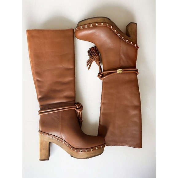 Ulla Johnson Elin Leather Studs Tassel Boots Wood Block Tapenade Size 9 (39) - Picture 2 of 7